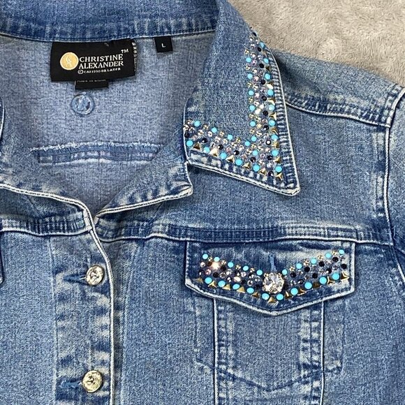 Christine Alexander Trucker Jacket Women L Blue Denim Rhinestone Mandala Crystal - Picture 11 of 16
